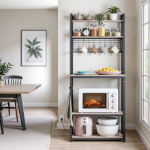 (Greige,Ink Black) Kitchen Storage Rack with Power Outlet, Coffee Bar, Baker's Rack, with Metal Wire Panel, for Microwave, Steel Frame