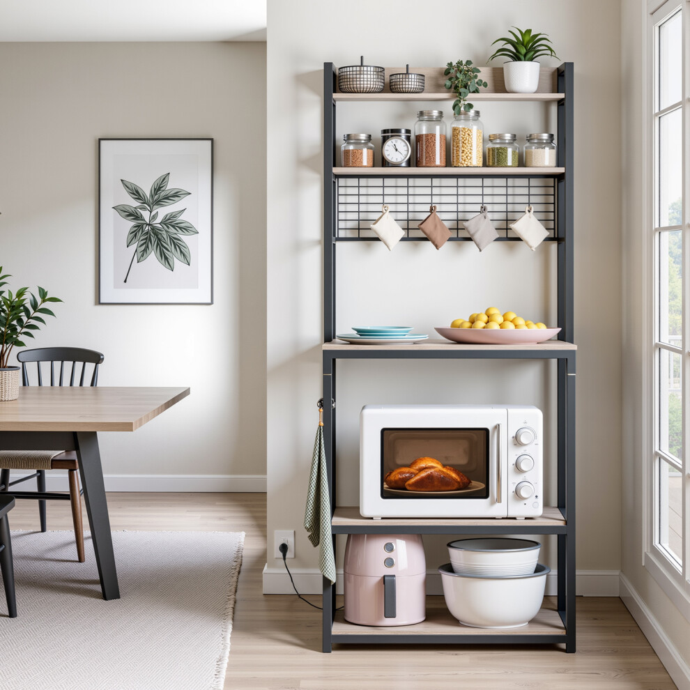 Vasagle (Greige,Ink ) Kitchen Storage Rack With Power Outlet, Coffee Bar, Baker's Rack, With Metal Wire Panel, For Microwave, Steel Frame Black