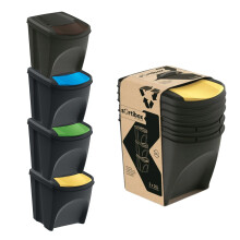 (4 x 25L set) Sorting Bins Recycling Segregation Waste Stackable Lidded Sticker Dustbin 25L