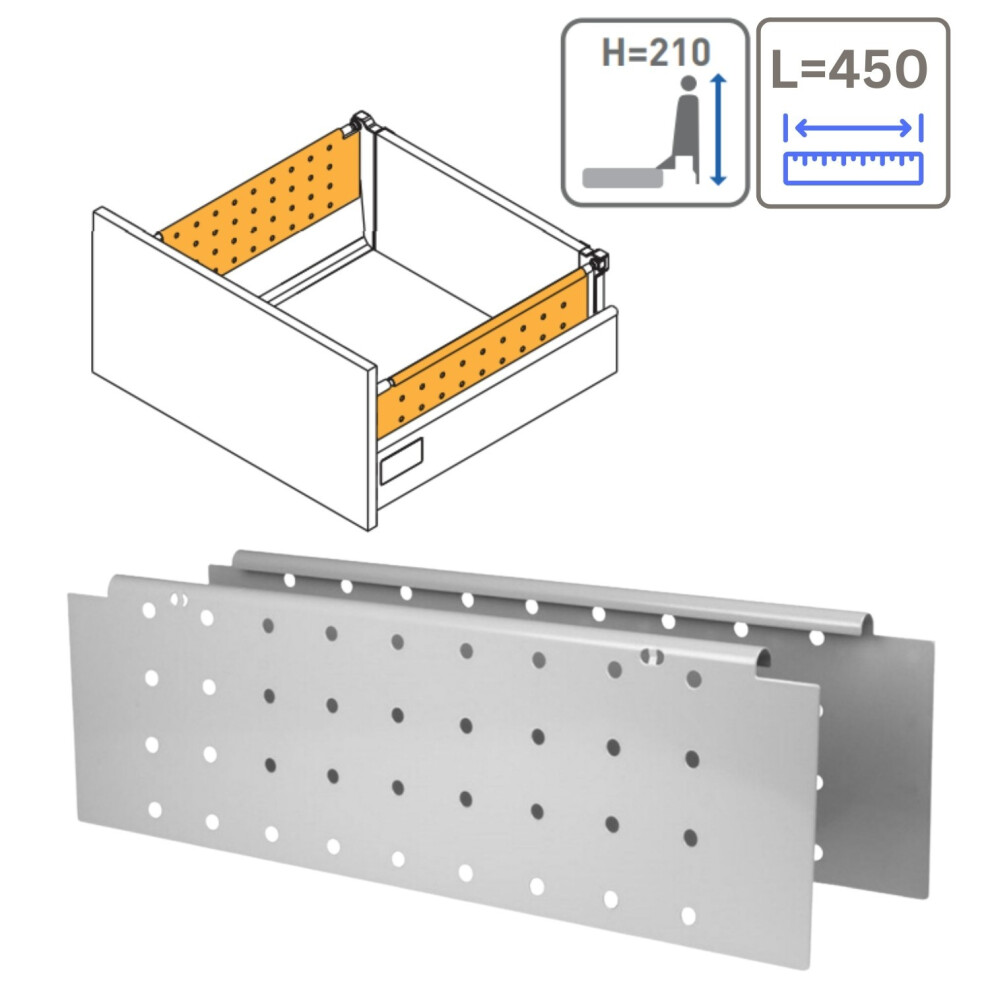 Gtv (, H210mm X L450mm) Kitchen Drawer Side Cover Perforated Sides Soft Close Medium Box Runner Grey