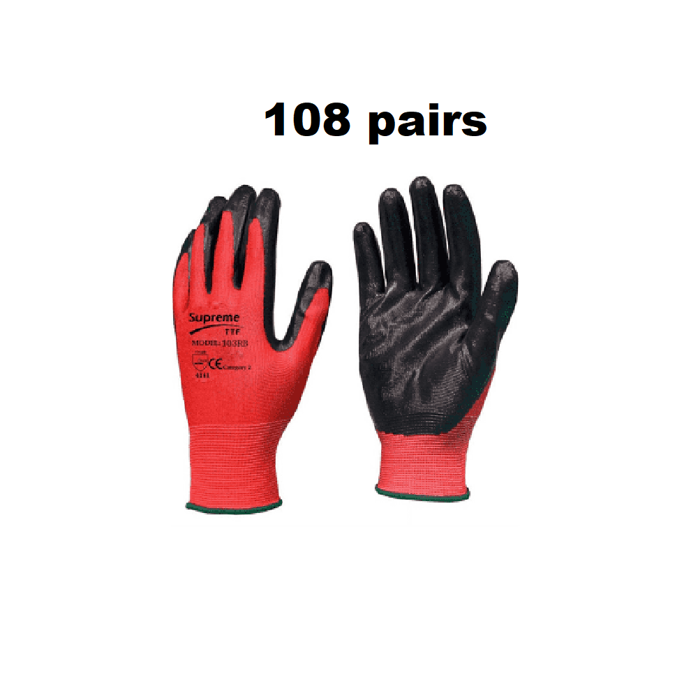 (L, 108) Work Gloves Red Black Nylon Pu Coated Builders Mechanic Construction Gardening 7427037846501