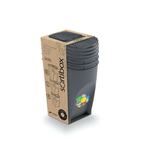 Prosperplast (3 x 35L) Recycling Segregation Waste Bin Sorting Stackable Lidded Sticker Handle Bin Set