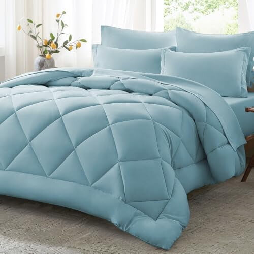 7-delt lyseblåt dynesæt, queen size, 270 g/m²