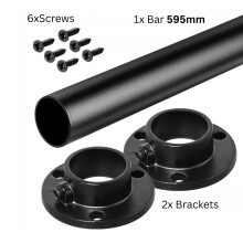 (595mm Rail + Brackets) Wardrobe Rail Round Hanging Black Tube 25mm + End Supports + Screws 3 Lengths