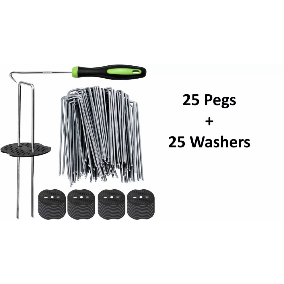 B2c Weed Control Mat Membrane Pegs + Buffer Washer Pegs U-Shaped Galvanised Pins - 25 Set