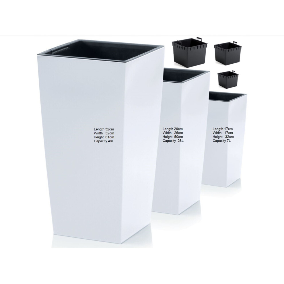 Prosperplast (White, H32cm, H 50Cm, H 61Cm) Tall Planter Set Of 3 Plant Pot Flower With Insert Indoor Outdoor Garden Patio