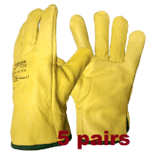(XL+, 5) Driver Yellow Work Gloves Fleece Cotton Soft Grain Leather Lorry Drivers Safety