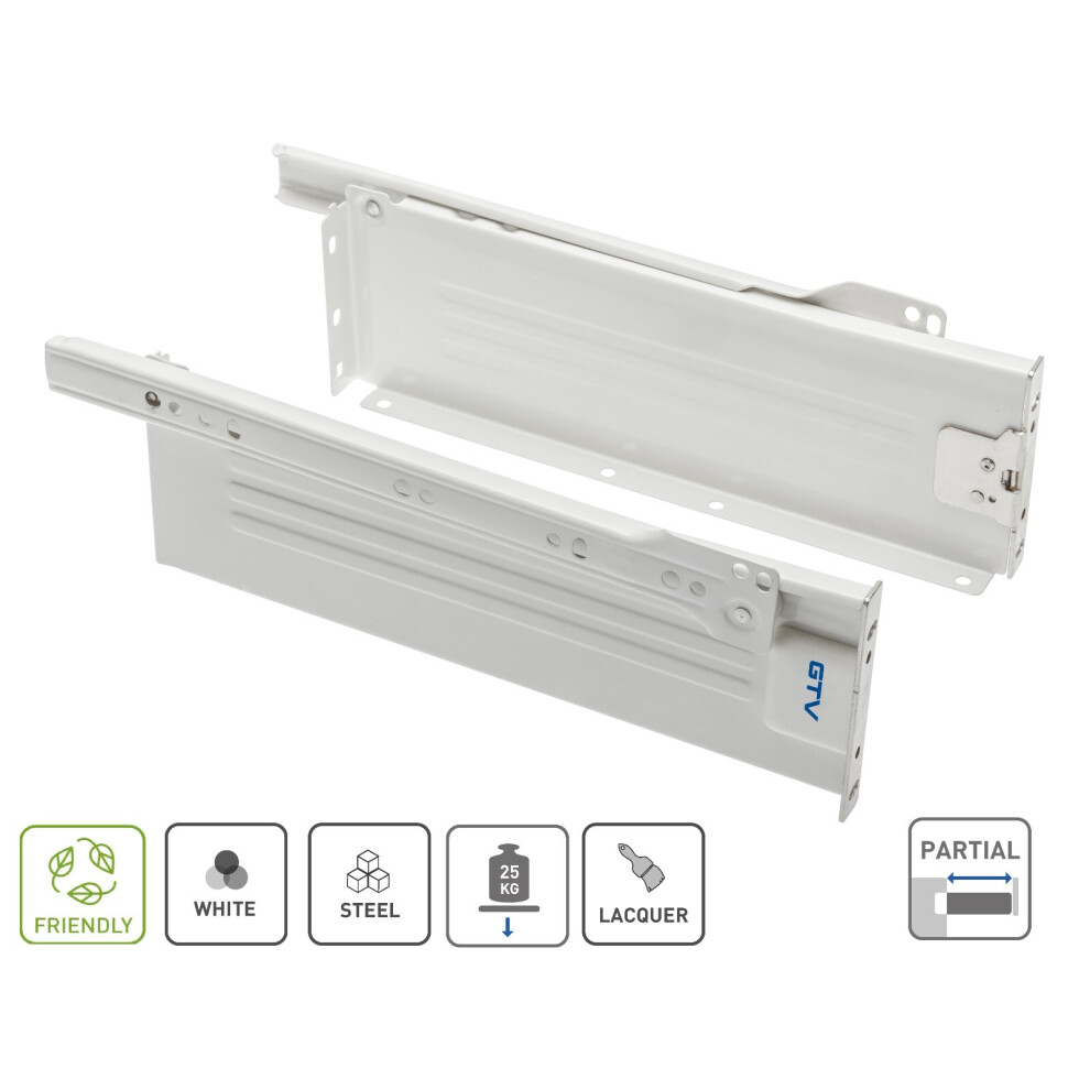 Gtv (86Mm, 450Mm) Kitchen Metal Drawer Box Sides / Kitchen Roller Runners (All Sizes) White