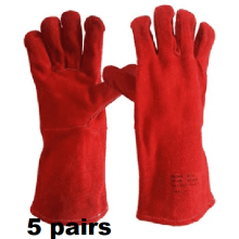 (5 Pair) Red Welding Gauntlets Welder Safety Leather Work Gloves | Double Palm Red Rigger