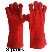 (3 Pairs) Red Welding Gauntlets Welder Safety Leather Work Gloves | Double Palm Red Rigger