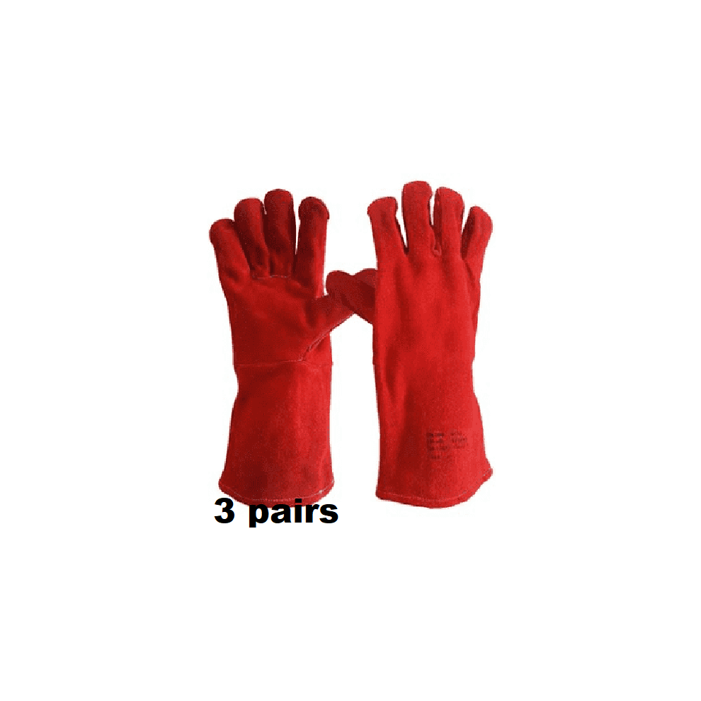 (3 Pairs) Red Welding Gauntlets Welder Safety Leather Work Gloves | Double Palm Red Rigger 5063873017129