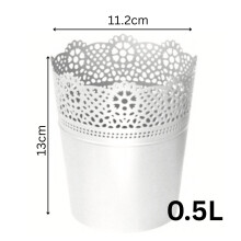 (White, 0.5L (D11.2cm H13cm)) Lace Flowerpot Planter Plastic Round Oval Pot Indoor Outdoor Modern Decor Home