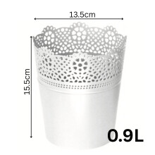 (White, 0.9L (D13.5cm H15.5cm)) Lace Flowerpot Planter Plastic Round Oval Pot Indoor Outdoor Modern Decor Home