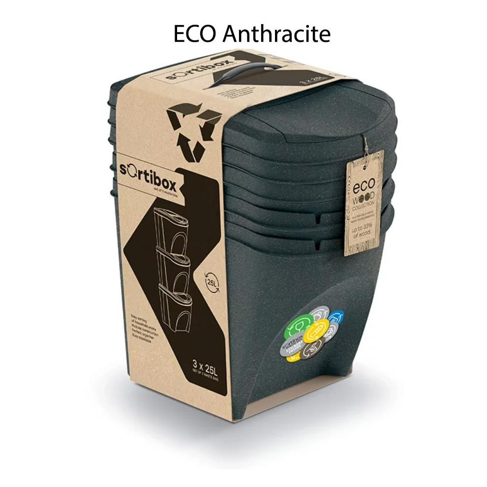 Prosperplast (3 X 25L Set) Sorting Bins Recycling Segregation Waste Stackable Lidded Sticker Dustbin 25L