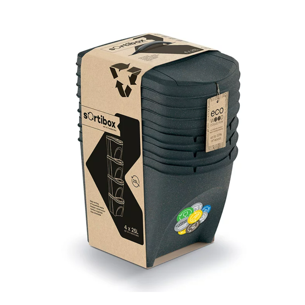 Prosperplast (4 X 25L Set) Sorting Bins Recycling Segregation Waste Stackable Lidded Sticker Dustbin 25L