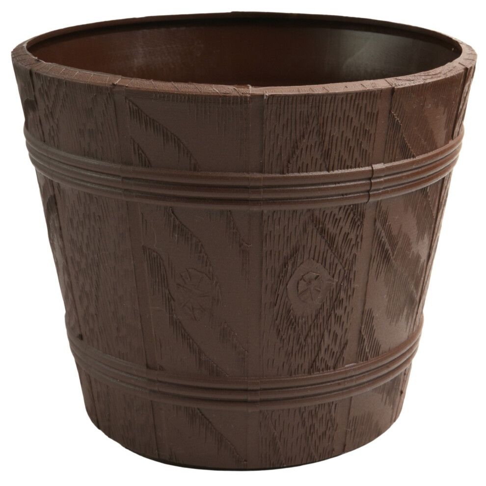 Formplastic (Brown, 25L (D38cm H32cm)) Barrel Planter Flower Pot Wood Effect Plastic Round Indoor Outdoor Garden Tub
