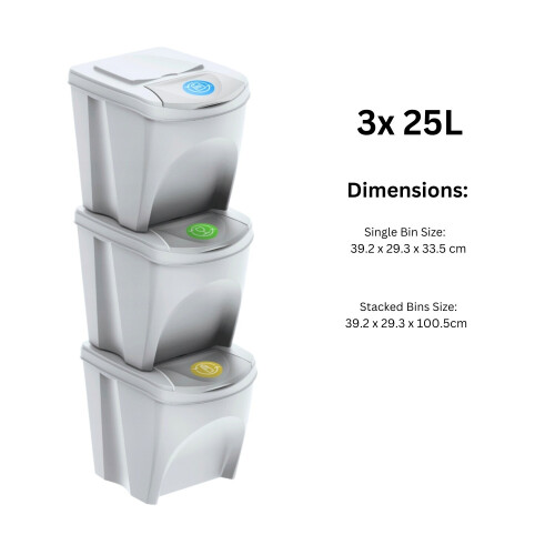 Prosperplast (3x 25L) Sorting Bins Recycling Segregation Waste Stackable Lidded White bin Set 20L 25L