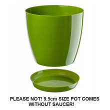 (Green, 9.5 cm) Plant Flower Pot Plastic 20 Colours 9 sizes Gloss Pots Planter Saucer Tray Deco