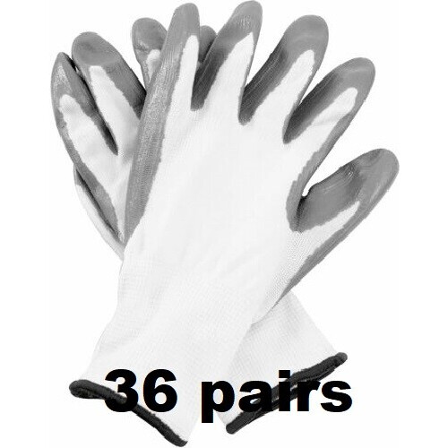 (S, 36) WHITE NITRILE COATED WORK GLOVES BUILDERS MECHANIC CONSTRUCTION NYLON GRIP