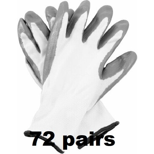 (S, 72) WHITE NITRILE COATED WORK GLOVES BUILDERS MECHANIC CONSTRUCTION NYLON GRIP