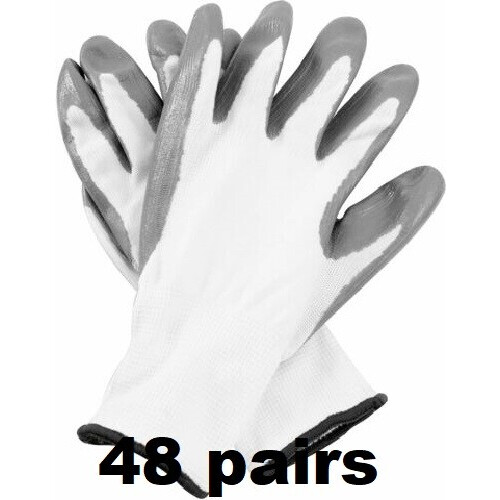 (S, 48) WHITE NITRILE COATED WORK GLOVES BUILDERS MECHANIC CONSTRUCTION NYLON GRIP