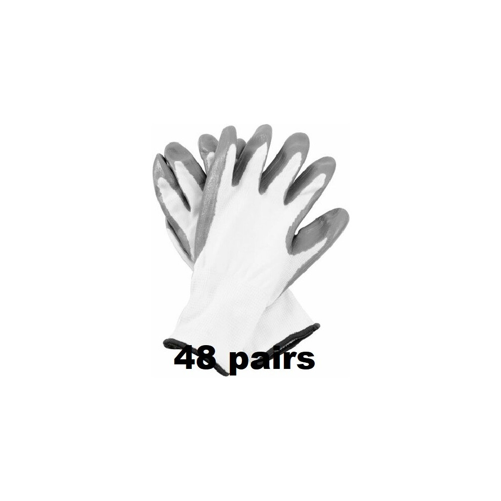 (S, 48) White Nitrile Coated Work Gloves Builders Mechanic Construction Nylon Grip 5056697299031