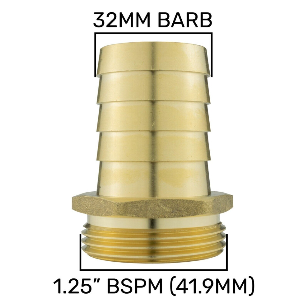 (1.25"Bspm - 32Mm Barb) Brass Hosetails Barb-Bsp Male Thread Joiner Air Gas Water Fuel Hose Tails 5056697215406