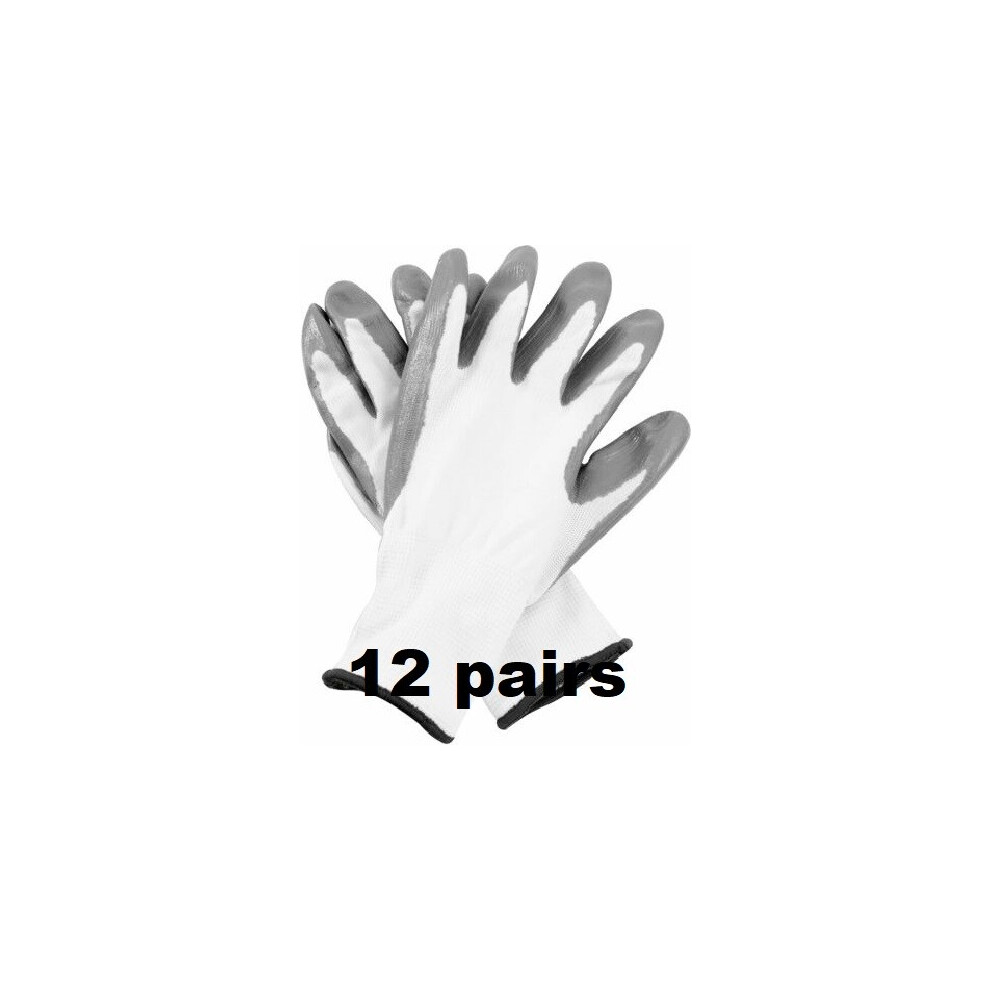 (S, 12) White Nitrile Coated Work Gloves Builders Mechanic Construction Nylon Grip 5056697298911