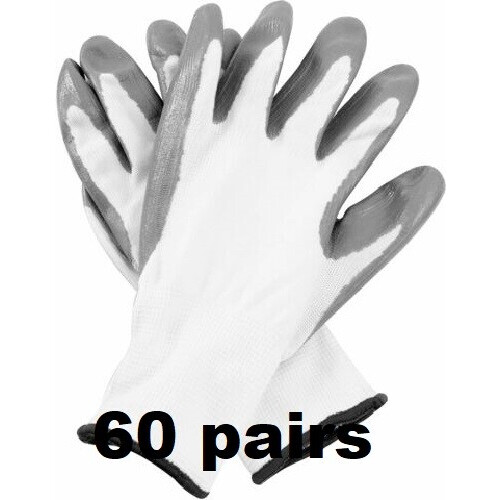 (S, 60) WHITE NITRILE COATED WORK GLOVES BUILDERS MECHANIC CONSTRUCTION NYLON GRIP