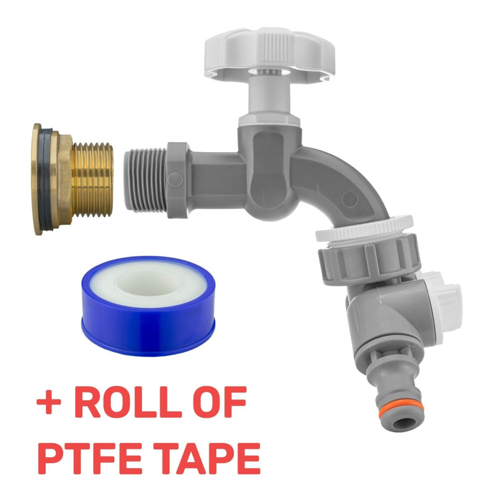 (1", Grey Tap + Valved Splitter) Water Butt Replacement Tap Brass Metal Lever Uk Bib Outlet Barb Quick Hosepipes