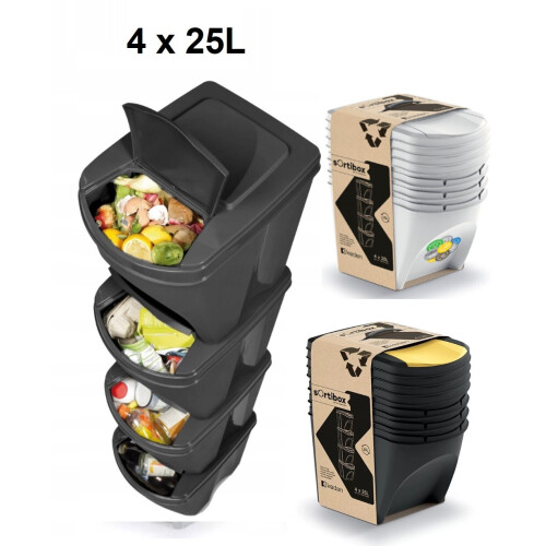 Prosperplast (Anthracite, 4 x 25 Litre bins) Sorting Waste Bin Recycling Segregation Stackable Lidded Grey White 20L 25L 35L