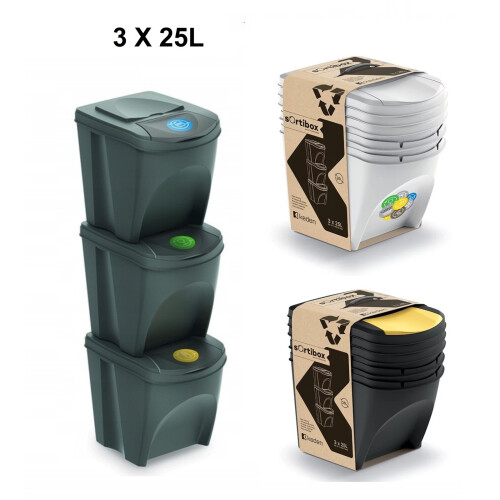 Prosperplast (Anthracite, 3 x 25 Litre bins) Sorting Waste Bin Recycling Segregation Stackable Lidded Grey White 20L 25L 35L