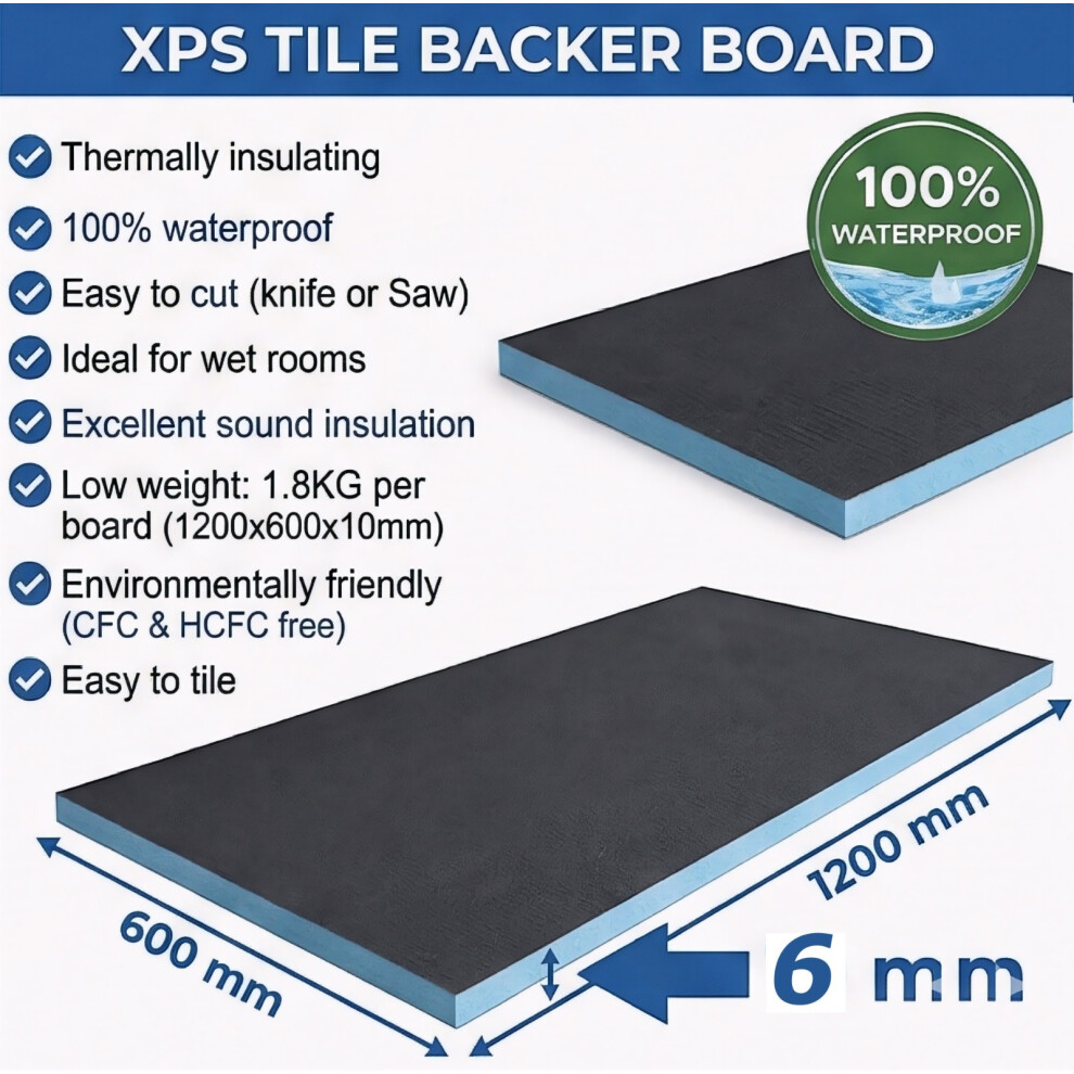 (6Mm) 10X Xps Tile Backer Board 6Mm 10 12 20 Waterproof Wetroom Insulation 1200X600mm 5063873021485