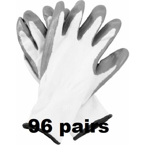 (L, 96) WHITE NITRILE COATED WORK GLOVES BUILDERS MECHANIC CONSTRUCTION NYLON GRIP