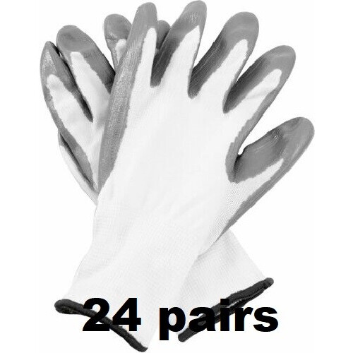 (M, 24) WHITE NITRILE COATED WORK GLOVES BUILDERS MECHANIC CONSTRUCTION NYLON GRIP