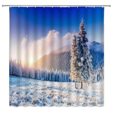Winter Snow Forest Landscape Nature Shower Curtain Bathroom Home Decor Waterproof Fabric with 12 Bathtub Curtain and Mat