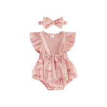 (12-18 Months, Pink) Baby Girl Summer Bubble Romper Floral Bow Print Fake Two Pieces Flutter Sleeve Crew Neck Bodysuit Headband Outfit