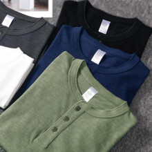 (Jet black, L) Heavyweight Slub Cotton Men‘s T-Shirt Henley Neck American Vintage Loose Soft Undershirt Summer