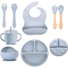 Ensemble de couverts pour bébé 8 pièces, en silicone antidérapant avec ventouse, comprenant une cuillère, une fourchette, un bol, un bav