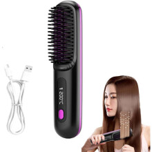 2-in-1 Negative Ion Hair Straightener, Cordless Straightening Brush, Mini Portable Straightener, Heated Hair Straightener Comb, Black