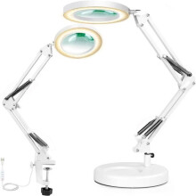 Luminária LED metálica com lupa, braço articulado, 3 modos de cor, lente de 4,1 cm de diâmetro, grampo industrial ajustável (branca)