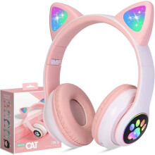 Kinderkoptelefoon - Opvouwbare Bluetooth-koptelefoon met kattenoortjes en knipperende ledlampjes, draadloze headset met microfoon (roze)