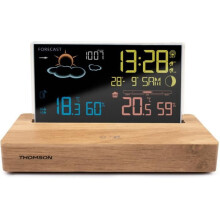 Wetterstationswecker – THOMSON – Dunkles Holz – Anzeige von Temperatur und Luftfeuchtigkeit, Doppelalarm, USB-C, drahtlose Sonde