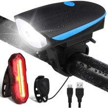 Luz de bicicleta à prova d'água, luz traseira com 5 modos e potente luz LED frontal com 3 modos, recarregável via USB com campainha de 120dB