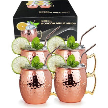 Moscow Mule Glass Set - CHANGM - 4 Cups - Copper - With 4 Straws - Dishwasher Safe