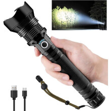 Lanterna LED ultra potente, 90.000 lúmens, recarregável via USB tipo C, modelo XHP70, com zoom ajustável e à prova d'água.