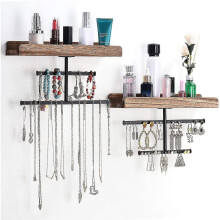 Hanging Wall Mounted Jewelry Organizer with Rustic Wood Jewelry Holder Display for Necklaces Br hy