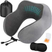 Travel Pillow, Memory Foam Travel Pillow, Sleep Mask, Earplugs, Carrying Bag Included, Grey