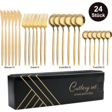 Ménagère 24 pièces en acier inoxydable, couteaux, fourchettes, cuillères, service pour 6 personnes, couleur or, comprenant 6 cuillères,