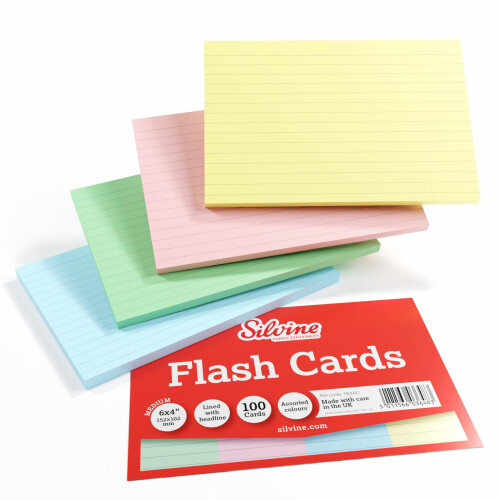 Silvine 6x4 Assorted Colour Flash Cards - Lined (100 Record Cards) 4 Colours for Study, Presentations and Notes